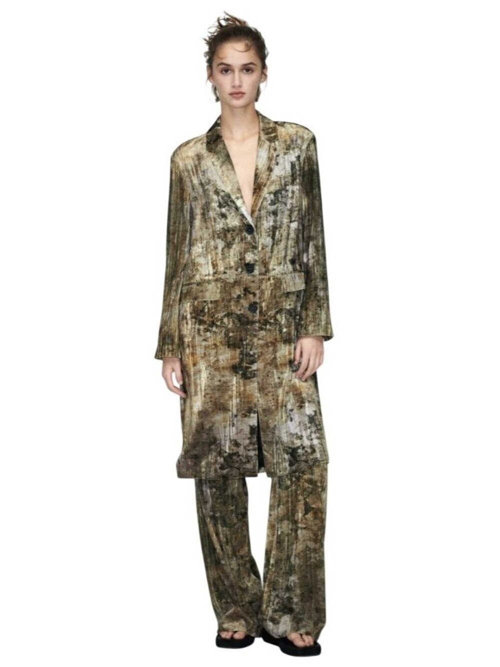 Zara Tie-Dye Velvet Long Coat Size Small Brown Gold Bbstract Pattern